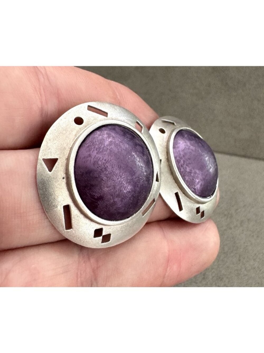Vtg Modernist CATHLEEN BUNT STERLING Silver + Purple ANODIZED EARRINGS on Posts